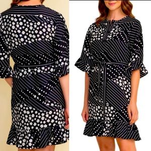 NWT-Joseph Ribkoff-Mixed Print Dress w/Removable Belt-Flounce Sleeves & Hem-Sz 8